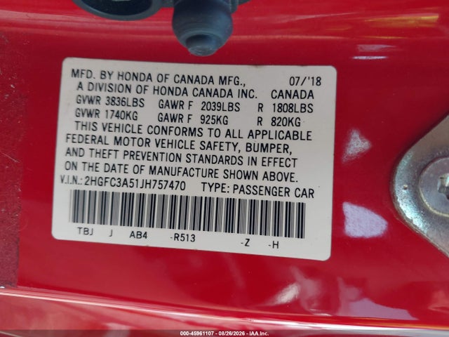 2018 Honda Civic Si მანქანა იყიდება აუქციონზე, vin: 2HGFC3A51JH757470, აუქციონის ნომერი: 45961107