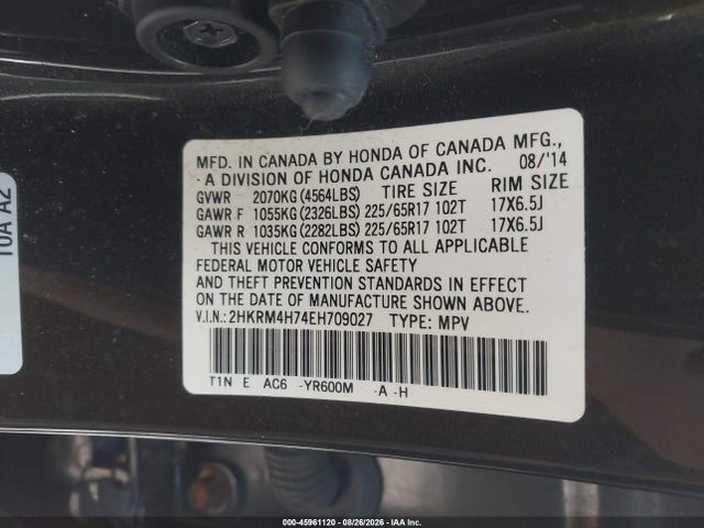 45961120 :رقم المزاد ، 2HKRM4H74EH709027 vin ، 2014 Honda Cr-v Ex-l مزاد بيع
