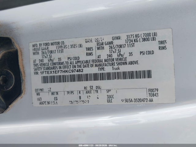 Aukcja sprzedaży 2017 Ford F-150 Xl, vin: 1FTEX1EF7HKC97482, numer aukcji: 45961123