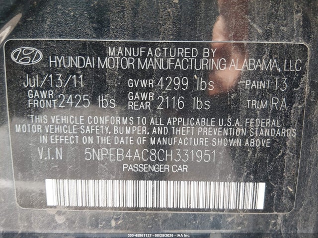 Продажа на аукционе авто 2012 Hyundai Sonata Gls, vin: 5NPEB4AC8CH331951, номер лота: 45961127