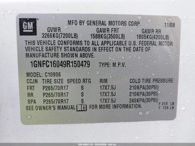 2009 Chevrolet Suburban 1500 Ls მანქანა იყიდება აუქციონზე, vin: 1GNFC16049R150479, აუქციონის ნომერი: 45961133