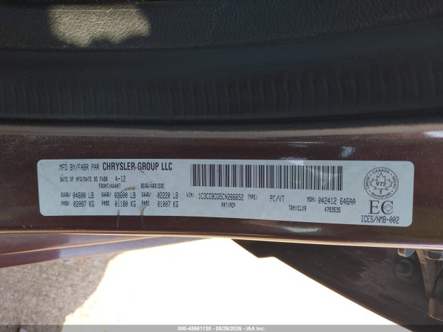 45961138 :رقم المزاد ، 1C3CCBCG5CN266652 vin ، 2012 Chrysler 200 Limited مزاد بيع
