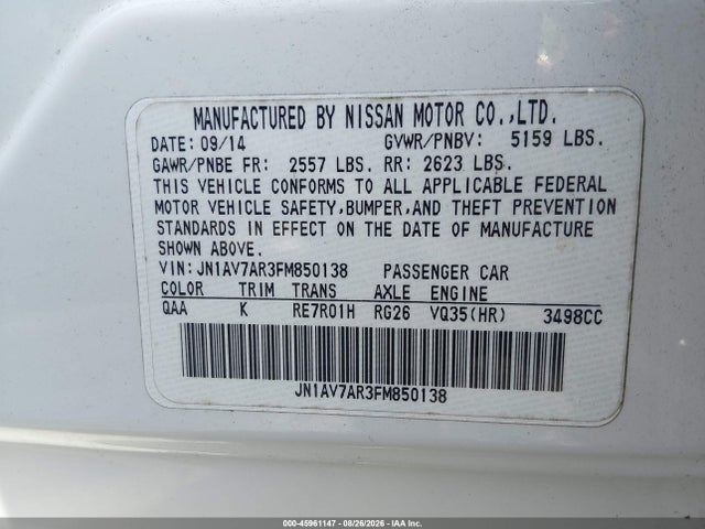 Aukcja sprzedaży 2015 Infiniti Q50 Hybrid Premium, vin: JN1AV7AR3FM850138, numer aukcji: 45961147