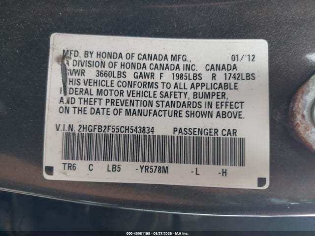 Продаж на аукціоні авто 2012 Honda Civic Lx, vin: 2HGFB2F55CH543834, номер лоту: 45961155