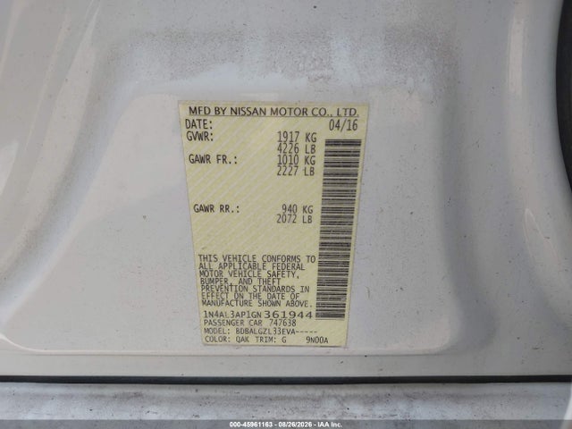 Aukcja sprzedaży 2016 Nissan Altima 2.5/2.5 S/2.5 Sl/2.5 Sr/2.5 Sv, vin: 1N4AL3AP1GN361944, numer aukcji: 45961163
