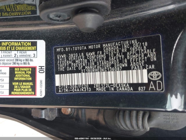 2019 Toyota Corolla Se მანქანა იყიდება აუქციონზე, vin: 2T1BURHE0KC136087, აუქციონის ნომერი: 45961164