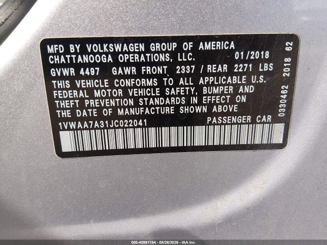 Aukcja sprzedaży 2018 Volkswagen Passat 2.0t R-line/2.0t S, vin: 1VWAA7A31JC022041, numer aukcji: 45961184