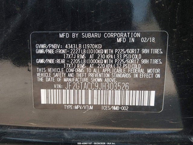 Aukcja sprzedaży 2018 Subaru Crosstrek 2.0i Premium, vin: JF2GTACC9JH303526, numer aukcji: 45961187