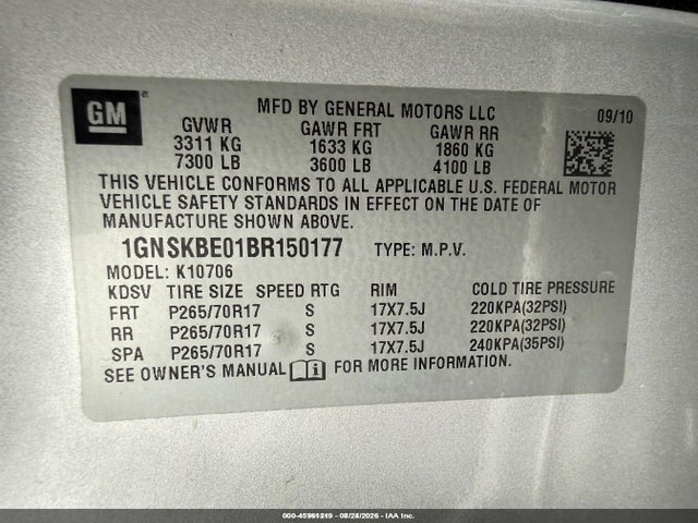 2011 Chevrolet Tahoe Lt მანქანა იყიდება აუქციონზე, vin: 1GNSKBE01BR150177, აუქციონის ნომერი: 45961219