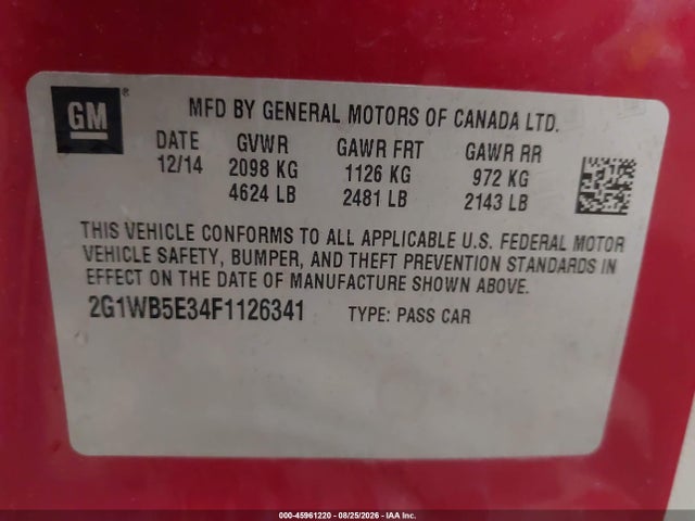 Aukcja sprzedaży 2015 Chevrolet Impala Limited Lt, vin: 2G1WB5E34F1126341, numer aukcji: 45961220