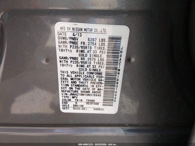 2013 Nissan Murano Sv მანქანა იყიდება აუქციონზე, vin: JN8AZ1MW1DW316948, აუქციონის ნომერი: 45961222