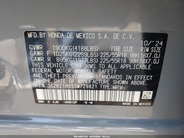 Auction sale of the 2025 Honda Hr-v 2wd Sport, vin: 3CZRZ1H55SM729821, lot number: 45961228