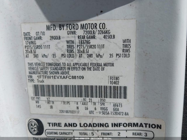 Aukcja sprzedaży 2010 Ford F-150 Fx4/harley-davidson/king Ranch/lariat/platinum/xl/xlt, vin: 1FTFW1EVXAFC88109, numer aukcji: 45961229