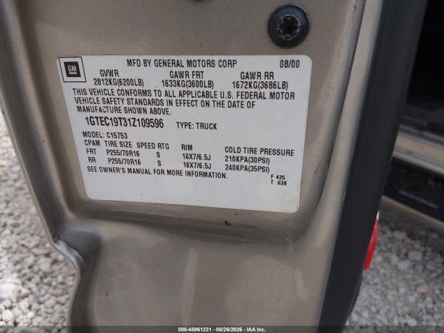 Aukcja sprzedaży 2001 Gmc Sierra 1500 Sle, vin: 1GTEC19T31Z109596, numer aukcji: 45961231