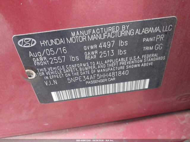 Aukcja sprzedaży 2017 Hyundai Sonata Sport, vin: 5NPE34AF5HH481840, numer aukcji: 45961249