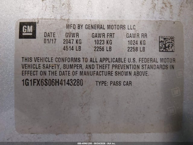 2017 Chevrolet Bolt Ev Premier მანქანა იყიდება აუქციონზე, vin: 1G1FX6S06H4143280, აუქციონის ნომერი: 45961250