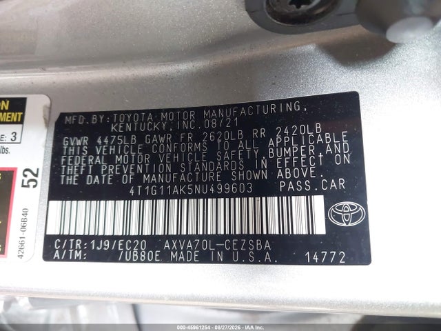 45961254 :رقم المزاد ، 4T1G11AK5NU499603 vin ، 2022 Toyota Camry Se Nightshade Edition مزاد بيع