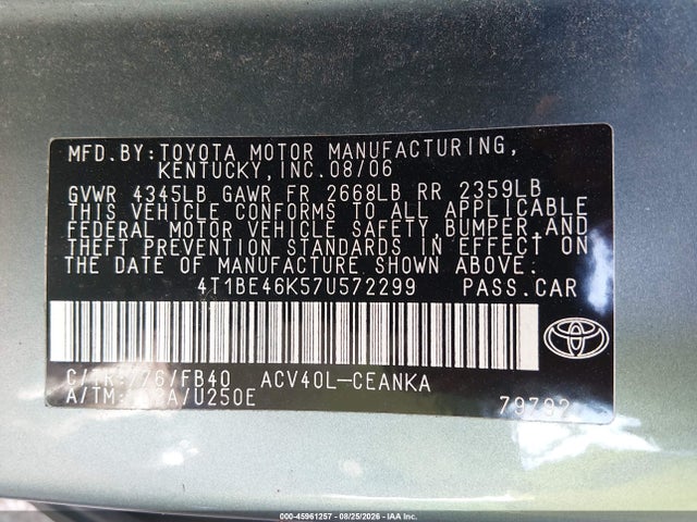 Продажа на аукционе авто 2007 Toyota Camry Le, vin: 4T1BE46K57U572299, номер лота: 45961257