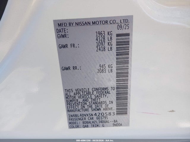 Продаж на аукціоні авто 2025 Nissan Altima Sv Fwd, vin: 1N4BL4DVXSN420583, номер лоту: 45961258