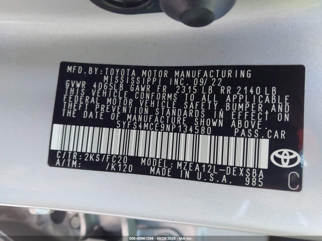 Aukcja sprzedaży 2022 Toyota Corolla Se, vin: 5YFS4MCE9NP134580, numer aukcji: 45961266
