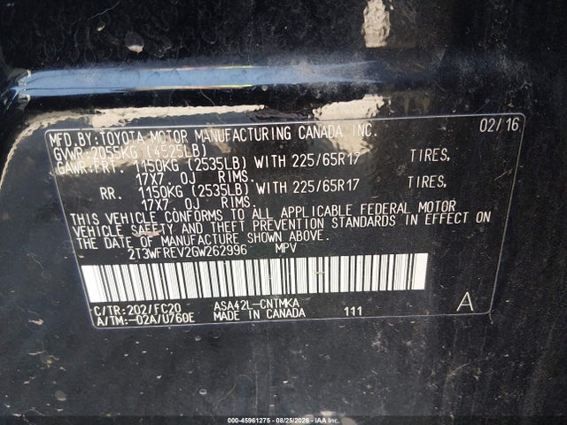 45961275 :رقم المزاد ، 2T3WFREV2GW262996 vin ، 2016 Toyota Rav4 Xle مزاد بيع