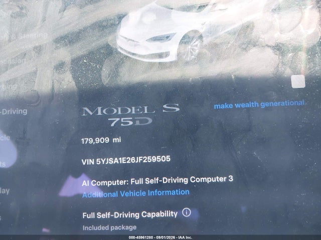45961280 :رقم المزاد ، 5YJSA1E26JF259505 vin ، 2018 Tesla Model S 100d/75d/p100d مزاد بيع