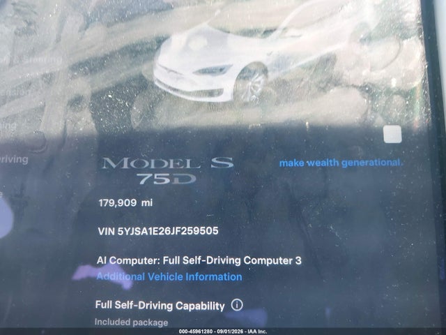 45961280 :رقم المزاد ، 5YJSA1E26JF259505 vin ، 2018 Tesla Model S 100d/75d/p100d مزاد بيع