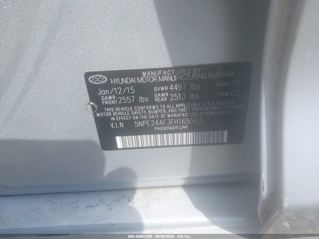 45961289 :رقم المزاد ، 5NPE24AF3FH165563 vin ، 2015 Hyundai Sonata Se مزاد بيع