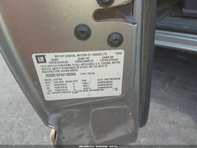 Aukcja sprzedaży 2003 Chevrolet Silverado 1500 Ls, vin: 2GCEK19T431185309, numer aukcji: 45961314