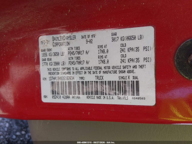 45961315 :رقم المزاد ، 1D7HA18N93S162634 vin ، 2003 Dodge Ram 1500 مزاد بيع