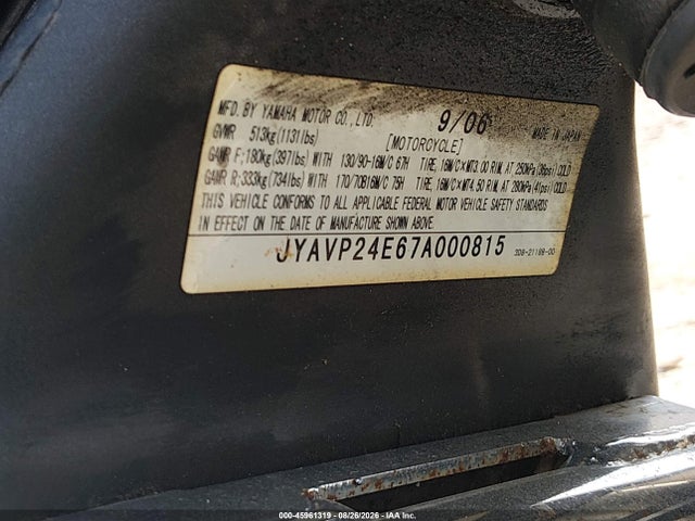 Продажа на аукционе авто 2007 Yamaha Xvs1300 A, vin: JYAVP24E67A000815, номер лота: 45961319