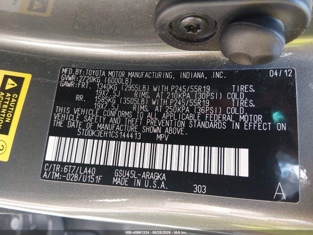 2012 Toyota Highlander Limited V6 მანქანა იყიდება აუქციონზე, vin: 5TDDK3EH1CS144413, აუქციონის ნომერი: 45961324