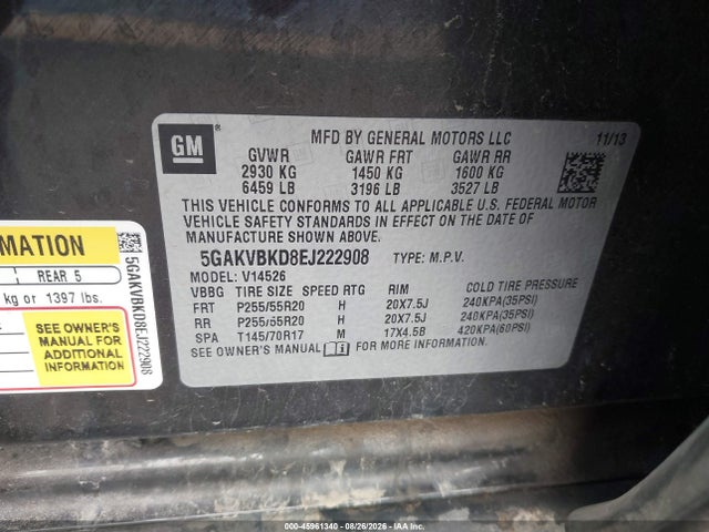 45961340 :رقم المزاد ، 5GAKVBKD8EJ222908 vin ، 2014 Buick Enclave Leather مزاد بيع