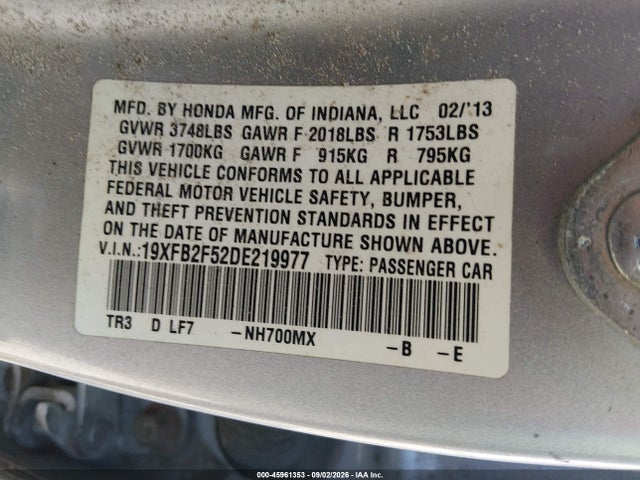 Продаж на аукціоні авто 2013 Honda Civic Lx, vin: 19XFB2F52DE219977, номер лоту: 45961353