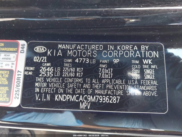 Aukcja sprzedaży 2021 Kia Sportage Lx, vin: KNDPMCAC9M7936287, numer aukcji: 45961362