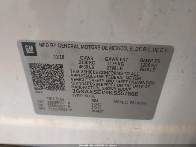 45961365 :رقم المزاد ، 3GNAXSEV9KS557668 vin ، 2019 Chevrolet Equinox Ls مزاد بيع