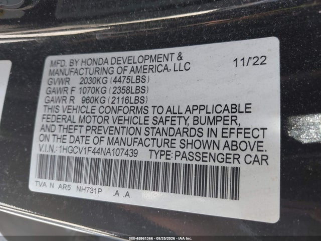 45961366 :رقم المزاد ، 1HGCV1F44NA107439 vin ، 2022 Honda Accord Sport Special Edition مزاد بيع