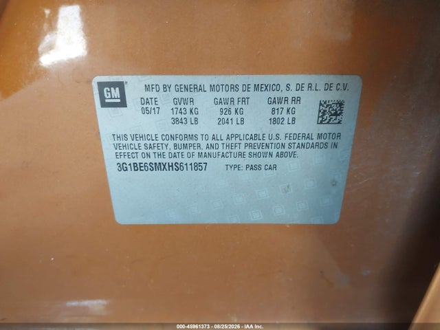 Aukcja sprzedaży 2017 Chevrolet Cruze Lt Auto, vin: 3G1BE6SMXHS611857, numer aukcji: 45961373
