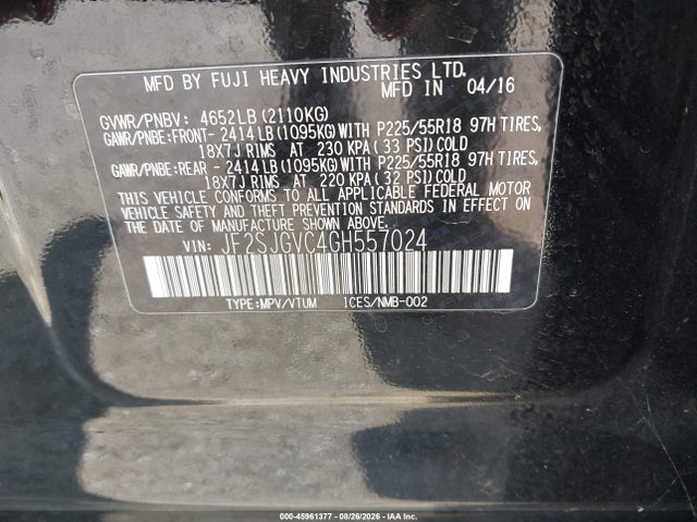 2016 Subaru Forester 2.0xt Touring მანქანა იყიდება აუქციონზე, vin: JF2SJGVC4GH557024, აუქციონის ნომერი: 45961377