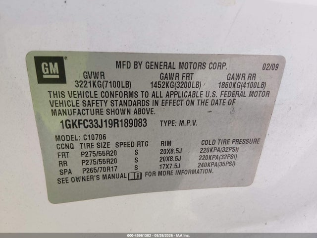 45961382 :رقم المزاد ، 1GKFC33J19R189083 vin ، 2009 Gmc Yukon Slt2 مزاد بيع