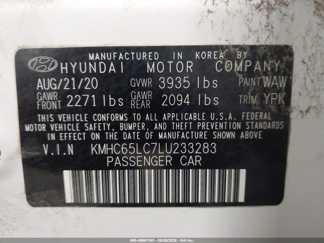 Aukcja sprzedaży 2020 Hyundai Ioniq Hybrid Blue, vin: KMHC65LC7LU233283, numer aukcji: 45961383