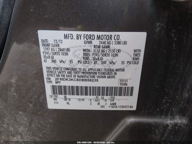 2013 Ford Edge Limited მანქანა იყიდება აუქციონზე, vin: 2FMDK3KC8DBB58235, აუქციონის ნომერი: 45961388