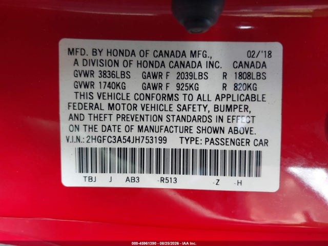 Aukcja sprzedaży 2018 Honda Civic Si, vin: 2HGFC3A54JH753199, numer aukcji: 45961390