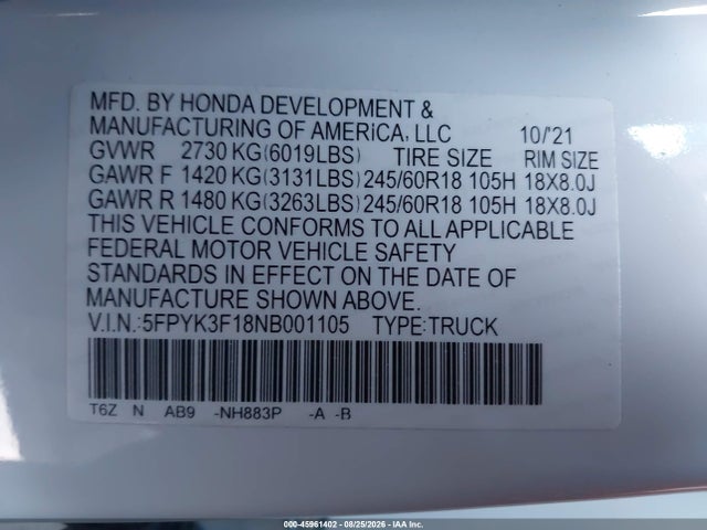 45961402 :رقم المزاد ، 5FPYK3F18NB001105 vin ، 2022 Honda Ridgeline Sport مزاد بيع