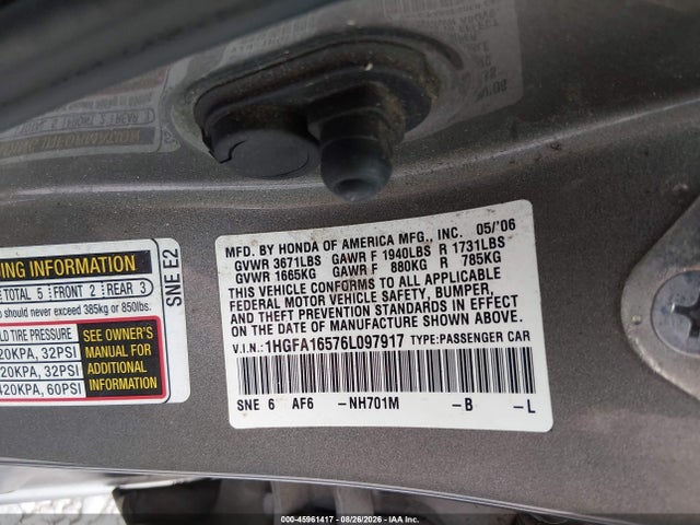 Продажа на аукционе авто 2006 Honda Civic Lx, vin: 1HGFA16576L097917, номер лота: 45961417