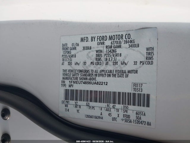 45961422 :رقم المزاد ، 1FMEU74856UA82212 vin ، 2006 Ford Explorer Eddie Bauer مزاد بيع