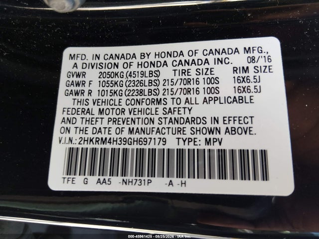 2016 Honda Cr-v Lx მანქანა იყიდება აუქციონზე, vin: 2HKRM4H39GH697179, აუქციონის ნომერი: 45961425