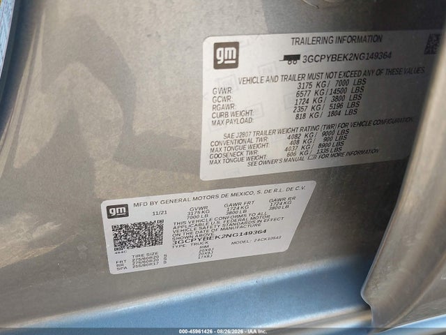 45961426 :رقم المزاد ، 3GCPYBEK2NG149364 vin ، 2022 Chevrolet Silverado 1500 Ltd 4wd  Short Bed Custom مزاد بيع