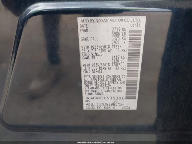 Продаж на аукціоні авто 2015 Infiniti Qx60, vin: 5N1AL0MN0FC535396, номер лоту: 45961430