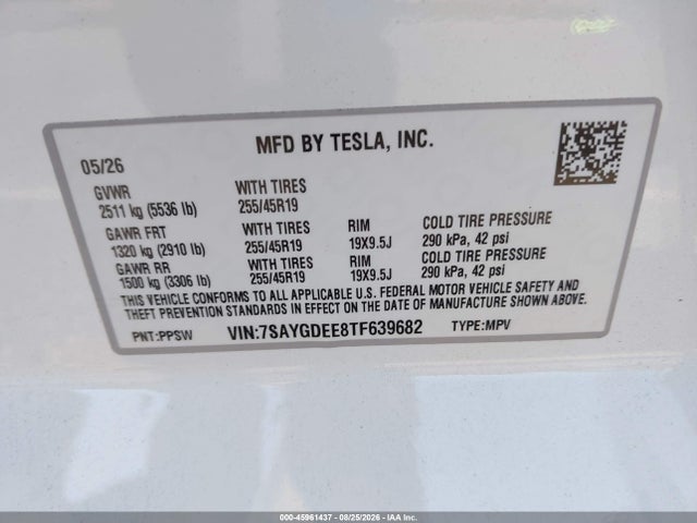 Продажа на аукционе авто 2026 Tesla Model Y, vin: 7SAYGDEE8TF639682, номер лота: 45961437